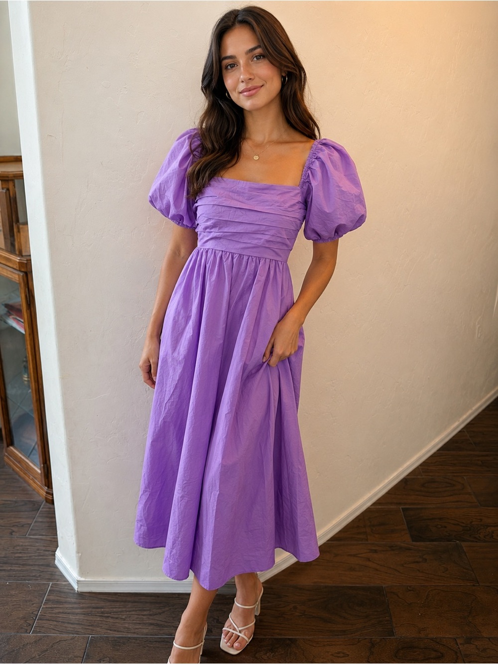 Lavender Puff Sleeve Square-Neck Midi Dress - Women